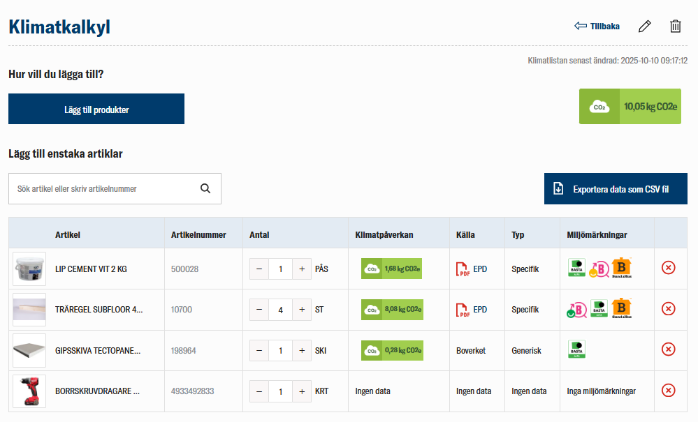 Klimatkalkyl hos Orminge Trä med byggprodukters klimatpåverkan och miljödata.