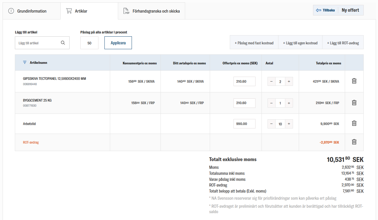  Offertverktyg hos Orminge Trä som visar byggprodukter, prisberäkning och ROT-avdrag.