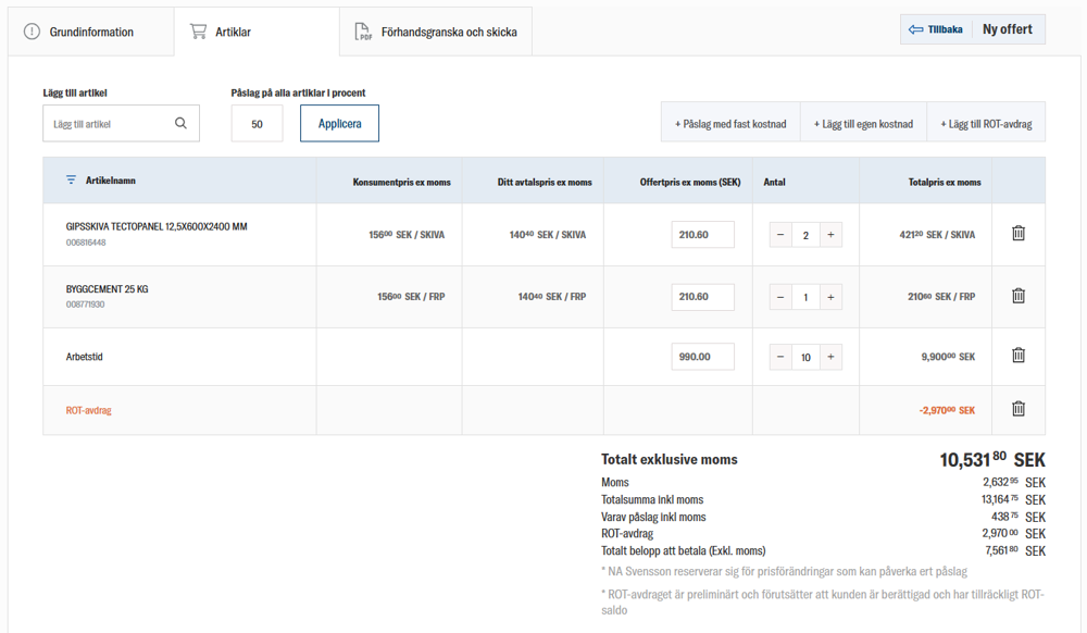 nomenu  Offertverktyg hos Orminge Trä som visar byggprodukter, prisberäkning och ROT-avdrag.