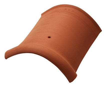 Brunt kupat taktegel med ett litet hål i mitten och inskriptionen "TYP 1" nära ena änden.