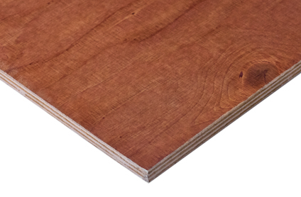 Formplywoodskiva med brun, slät yta och synliga träfibrer och kvistar på kanten.