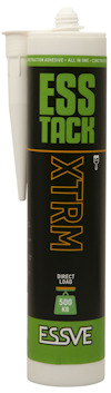 Patron med vit appliceringsspets och etiketter i grönt och svart med texten "ESS TACK XTRM" och "ESSVE".