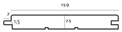 Diagram av ett plankprofil i tvärsnitt med måtten: bredd 159 mm, tjocklek 25 mm, två räfflor, och klackar 1,5 mm och 7 mm.