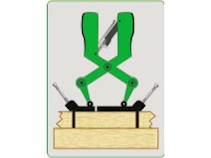 Illustration av verktyg för dolt trallmontage placerat över brädände, med bits synliga från båda håll.