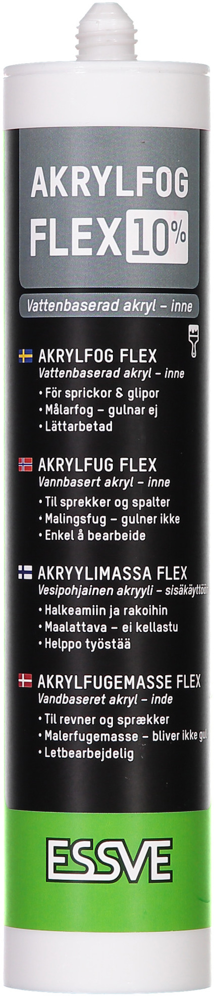 Vit tub märkt "AKRYLFOG FLEX 10%" med text på svenska och logotypen ESSVE längst ner.