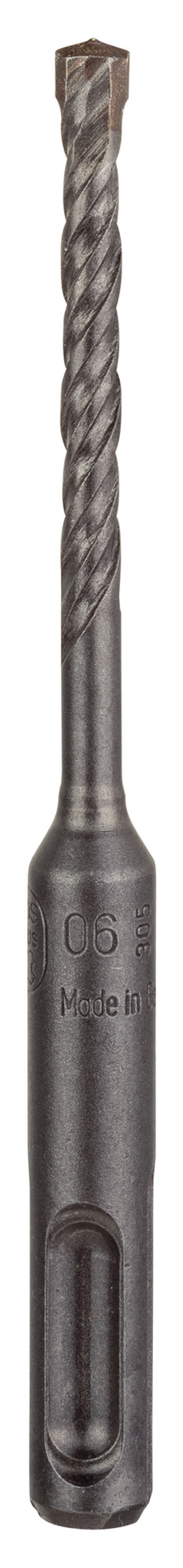 Spiralformat borr med SDS-fäste och spetsig topp, grå färg med ingraverad text.