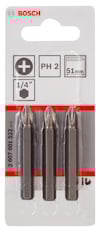 Förpackning med tre Bosch PH2 skruvbits, 51 mm, 1/4 tum.