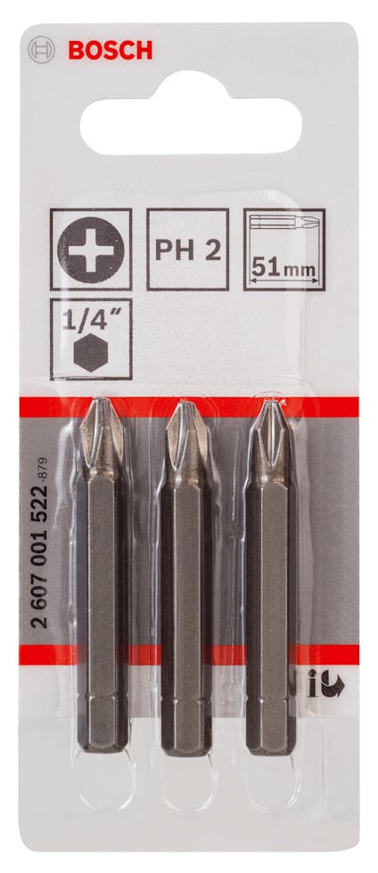 Förpackning med tre Bosch PH2 skruvbits, 51 mm, 1/4 tum.