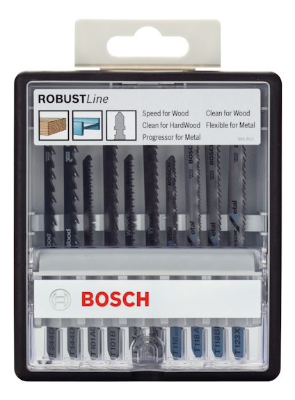 Borrsats Bosch RobustLine för trä och metall, innehåller flera blad.