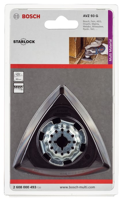 Förpackning av Bosch Starlock AVZ 93 G slipplatta med triangelform.