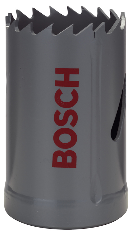 Grå hålsåg av bi-metall med tandad kant och röd texten "BOSCH" på sidan.