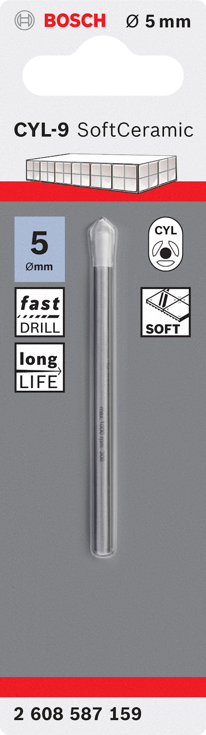 Förpackning med Bosch CYL-9 SoftCeramic borr, 5 mm, med etiketter för "fast DRILL" och "long LIFE".