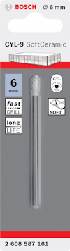 Förpackning med Bosch CYL-9 SoftCeramic borr, 6 mm, med symboler för snabb borrning och lång livslängd.