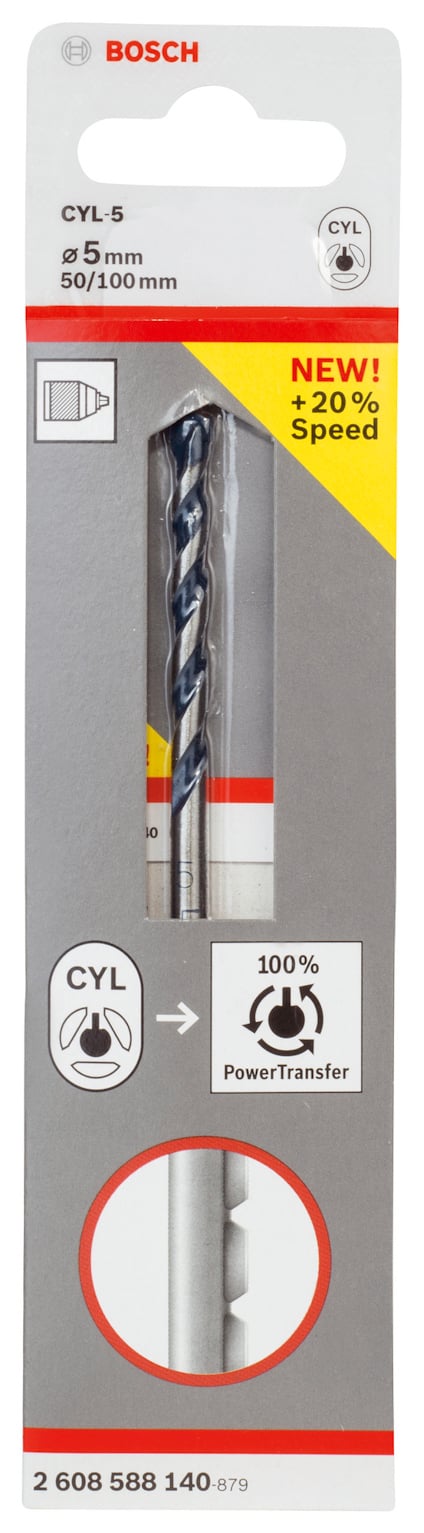 Förpackning med en Bosch CYL-5 borr, 5 mm x 50/100 mm, med etiketter om ökad hastighet och PowerTransfer-funktion.