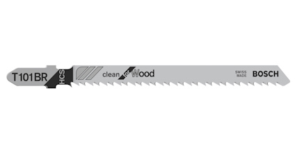 Grått sticksågblad med texten "T101BR", "clean for Wood", "HCS", "SWISS MADE" och "BOSCH".