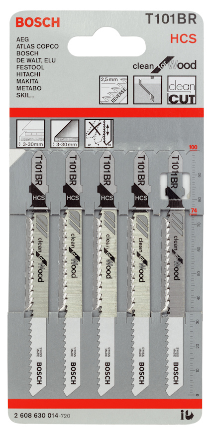 Förpackning med fem Bosch T101BR HCS-sticksågsblad för trä, 74 mm långa.