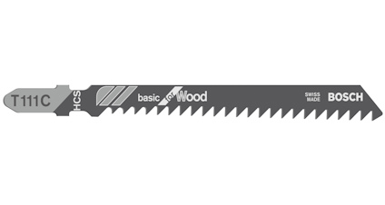 Sticksågblad med texten "T111C HCS basic for Wood", märkt med "BOSCH" och "SWISS MADE". Tandad kant synlig.