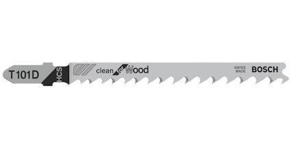 Sticksågblad med texten "T101D", "clean for Wood", "HCS", "SWISS MADE", "BOSCH".