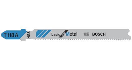 Sticksågblad med blå och grå detaljer, text "T118A", "basic for Metal", "Bosch", "Swiss Made".