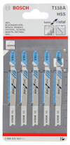 Förpackning med fem Bosch T118A sticksågblad för metall.