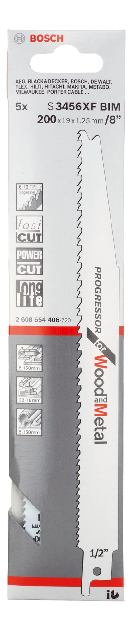 Förpackning med Bosch sågblad modell S3456XF BIM, 5-pack, för trä och metall, 200 mm längd, med fler funktioner angivna.