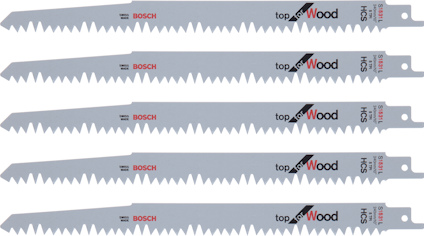 Fem tigersågblad för trä, märkta "Bosch" och "top for Wood" med grova tänder och silverfärgad yta.