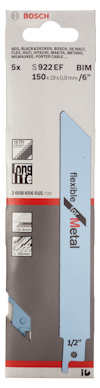 Förpackning med Bosch sågblad, märkt "flexible for Metal", 5 st, 150x19x0,9 mm.