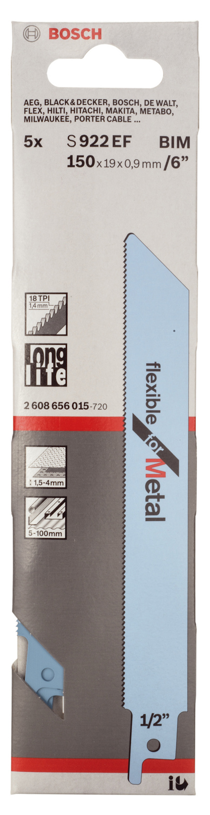 Förpackning med Bosch sågblad, märkt "flexible for Metal", 5 st, 150x19x0,9 mm.