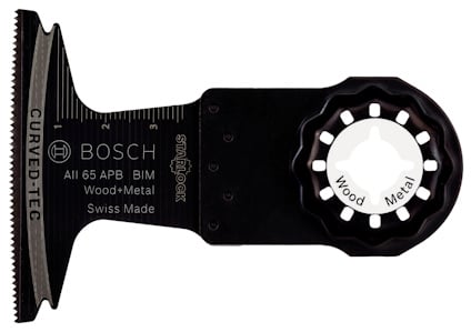 Svart sågtillbehör med tandad kant, vitt knäppe och text "Bosch AII 65 APB BIM Wood+Metal Swiss Made".