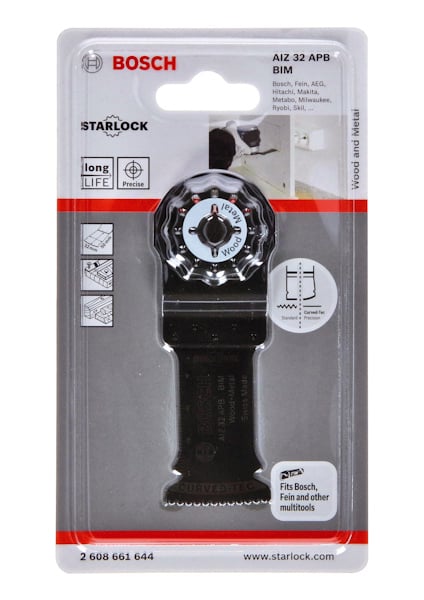 Förpackning med Bosch Starlock BIM skärblad, text inkluderar "AIz 32 APB" och "www.starlock.com".