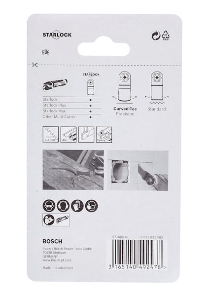 Förpackning med Starlock-logotyp och Bosch-information. Innehåller bilder och text om verktygstillbehör.