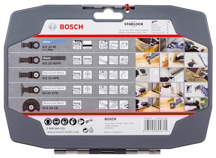 Bosch pnevärktygssätsförpackning med bilder och information om användningsområden för metall, trä och metallkombinationer.