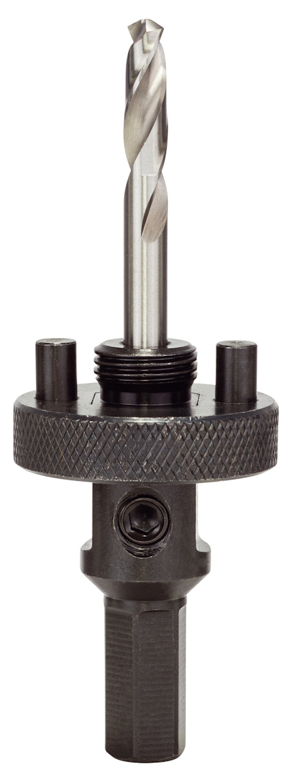 Metallhålsågadapter med centrerad spiralborr och sexkantigt fäste.
