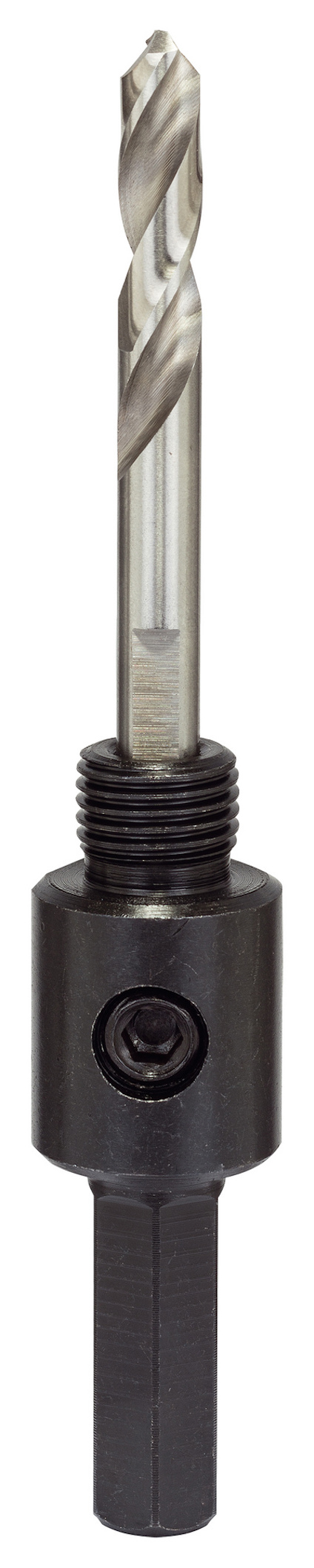 Hålsågsadapter med borr i metall och svart fäste med sexkantigt skaft.