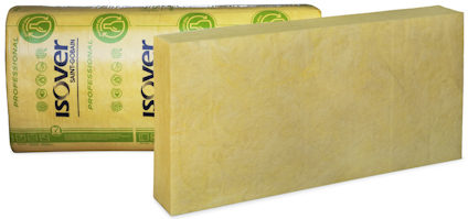 Gul isoleringsskiva bredvid en förpackning märkt "isover" i grönt och gult.