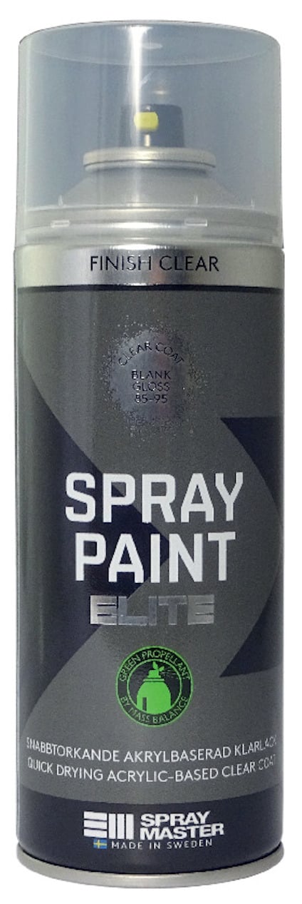 Sprejburk Spray Paint Elite med etiketttext: "Finish Clear", "Snabbtorkande akrylbasserad klarlack", och "Made in Sweden".