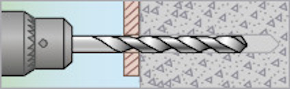 Illustration av ett borrverktyg som borrar in i betong; 4<sup>2</sup> syns som betongmönster.