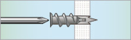 Illustration av en skruvinfästning genom en vägg, med gängad del i mitten.