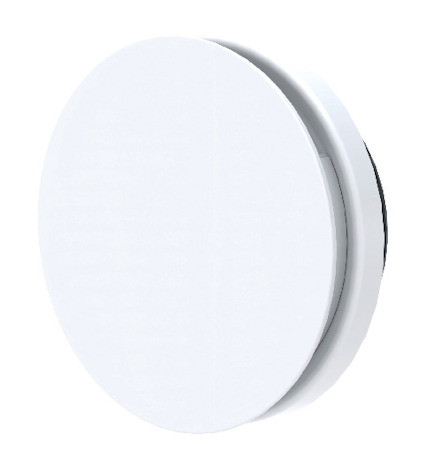 Vit, rund till- och frånluftsventil med slät yta och diskret design.