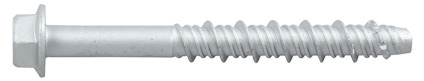 Metallskruv med sexkantshuvud och gängad kropp, vit beläggning, liggande horisontellt mot vit bakgrund.