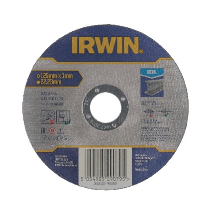 Slipskiva med texten "IRWIN" och specifikationer som diameter, tjocklek och maxhastighet.
