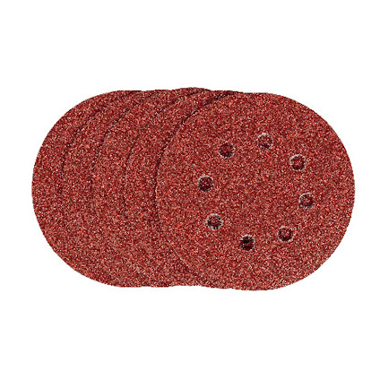 Röda sliprondeller med åtta hål, arrangerade i en fläktform.