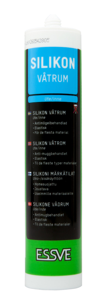 Transparent tub med texten "SILIKON VÅTRUM" och ESSVE-logotyp i grönt.