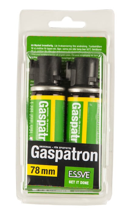 Förpackning med två gröna och gula gaspatroner från ESSVE, markerade med "Gaspatron" och "78 mm".