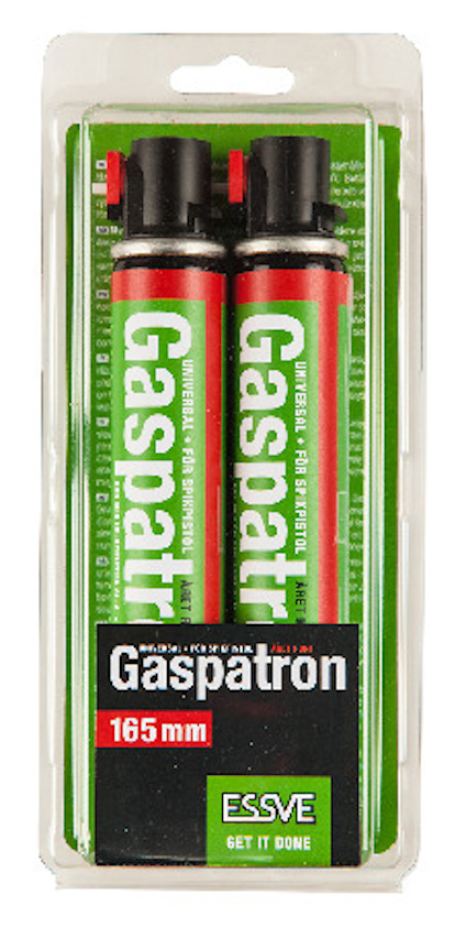 Två röda gaspatroner med gröna etiketter och texten "Gaspatron".