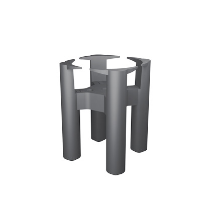 Grå plastdistans med cylindrisk form och flera vertikala ribbor.