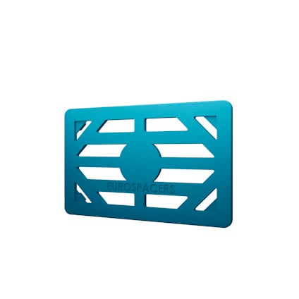 Rektangulär blå spännande bricka med utskärningar och texten "EUROSPACERS".