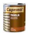 Burk med Cuprinol träolja, etikett med texten "TRÄOLJA" och beskrivning för underhåll av tryckimpregnerat virke.