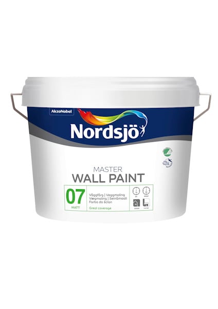 Färgbehållare med texten "Nordsjö Master Wall Paint 07 Matt".