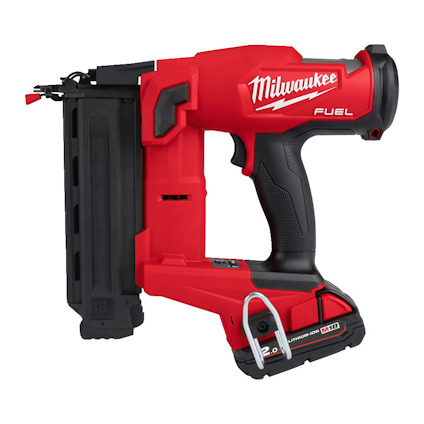 Röd och svart dyckertpistol med handtag och magasin, märkt "Milwaukee FUEL".